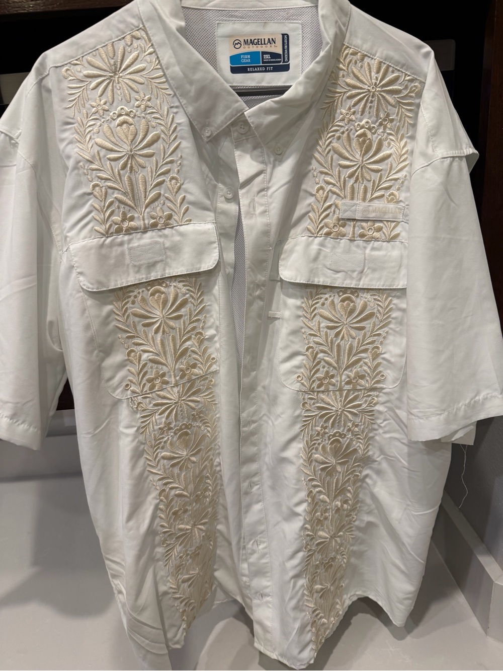 Magellan Outdoors White Short-Sleeve Embroidered Camp Shirt
